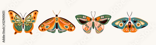 Hand drawn various beautiful Butterflies. Colorful Vector set. Top view. Pastel colors. Trendy illustration. All elements are isolated 