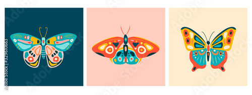 Hand drawn beautiful Butterflies. Colorful Vector illustrations. Top view. Pastel colors. Set of three Pre made cards. Every illustration is isolated