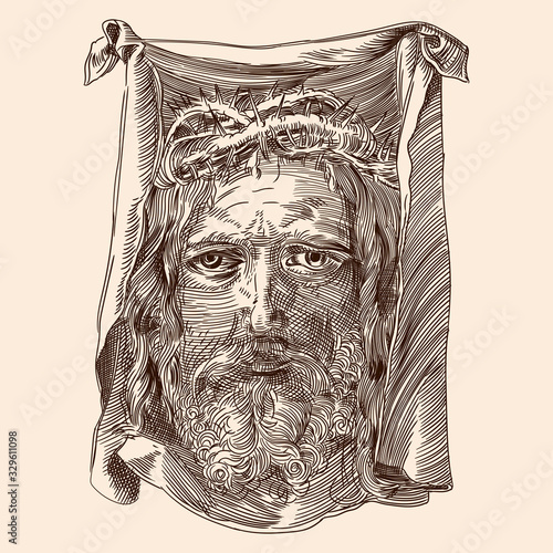 The face of Jesus Hotst the Savior on the shroud. Detail of an engraving by Albrecht Durer, Nunberg, 1513