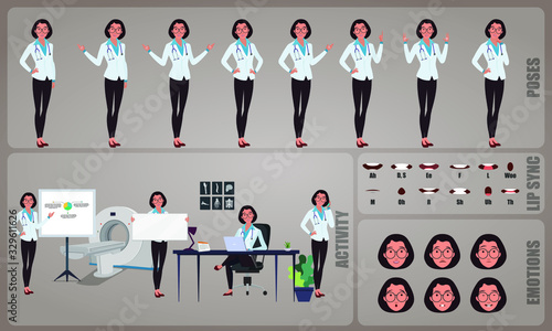 Flat woman Doctor character Set. Collection of character body Poses, facial gestures, medical activities and Lip syncs poses. Ready-to-use and animate, character set. Vector illustration.