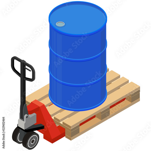 Barrel on a pallet, hand pallet truck. Isometric design. 3D Render. Vector illustration.