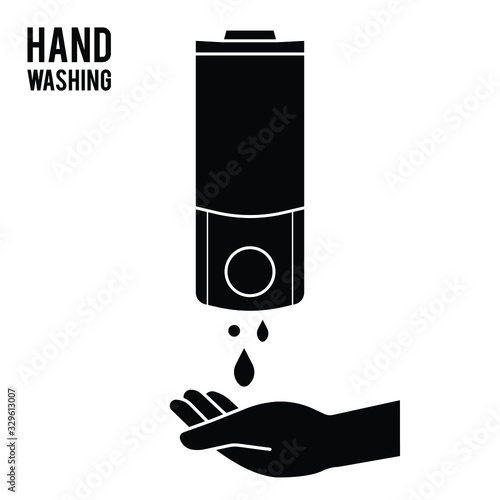 Hand wash. Hand sanitizer. Alcohol-based hand rub. Rubbing alcohol. Wall mounted soap dispenser. Wall hanging hand wash container. Protection from germs such as coronavirus (Covid-19) icon design