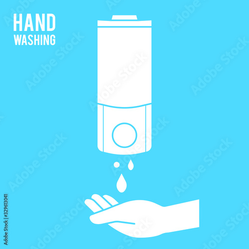 Hand wash. Hand sanitizer. Alcohol-based hand rub. Rubbing alcohol. Wall mounted soap dispenser. Wall hanging hand wash container. Protection from germs such as coronavirus (Covid-19) icon design