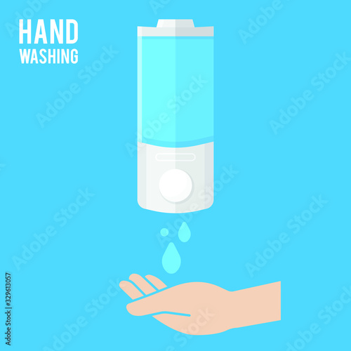 Hand wash. Hand sanitizer. Alcohol-based hand rub. Rubbing alcohol. Wall mounted soap dispenser. Wall hanging hand wash container. Protection from germs such as coronavirus (Covid-19) icon design
