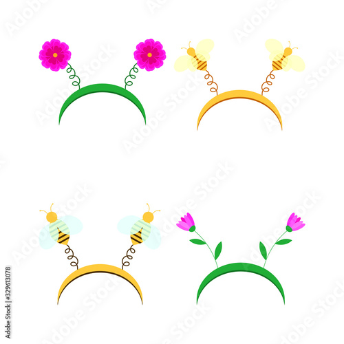 Vector set of carnival hoop on the head. Cartoon headband with flower and bee isolated on white background. Attribute of costume.