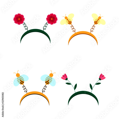 Vector set of carnival hoop on the head. Cartoon headband with flower and bee isolated on white background. Attribute of costume.