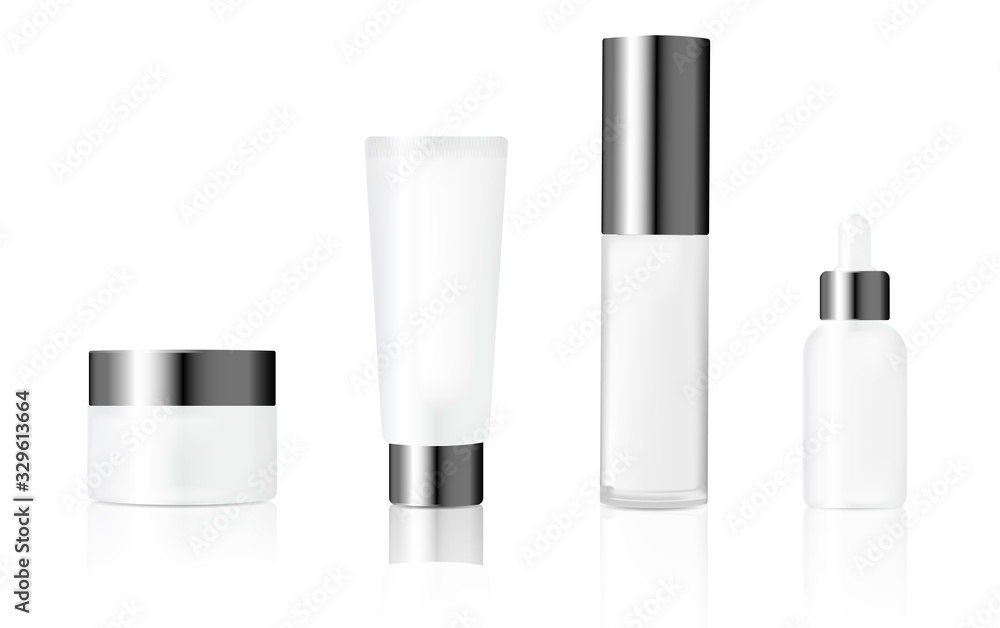 Realistic mockups of containers for cream, essential oil and lotion. Cosmetics product package set for branding. White plastic bottles with silvery caps vector illustration. Skincare and beauty. Realistic mockups of containers for cream, essential oil and lotion. Cosmetics product package set for branding. White plastic bottles with silvery caps vector illustration. Skincare and beauty.