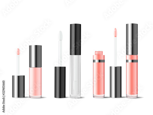 Realistic mockups of glass tubes for lip gloss or lip lacquer. Cosmetics product package set for branding. Pink and white bottle with brush for liquid lipstick vector illustration. Makeup for beauty.