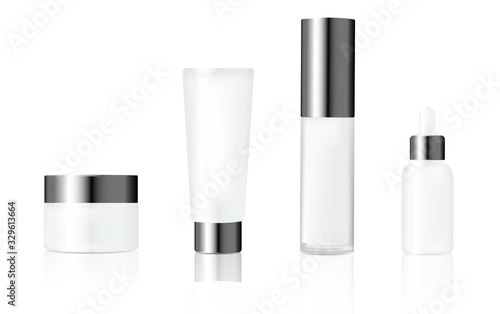 Realistic mockups of containers for cream, essential oil and lotion. Cosmetics product package set for branding. White plastic bottles with silvery caps vector illustration. Skincare and beauty.