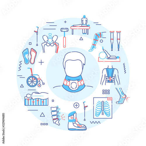 Orthopedics web banner. Rehabilitation after injuries. Musculoskeletal system treatment. Infographics with linear icons on blue background. Creative idea concept. Isolated outline color illustration