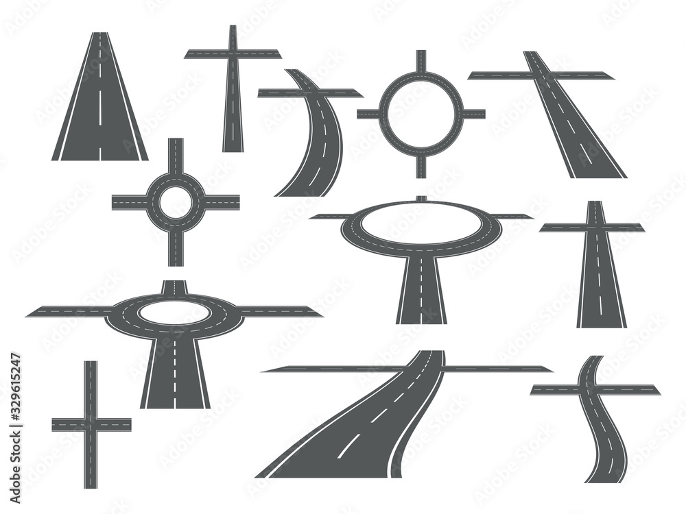 Highway, asphalt road. A set of curved elements in perspective. Bending roads vector illustrations.