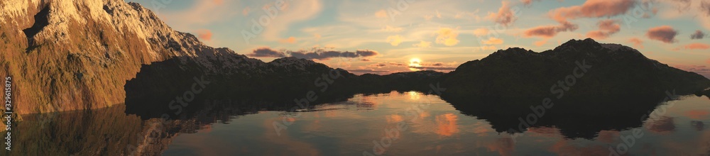 Obraz premium Beautiful panorama of the sea bay at sunset, rocks in the water at sunrise, 3D rendering