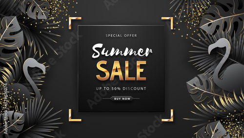 Summer sale poster with black and gold tropic leaves and flamingo on dark background.