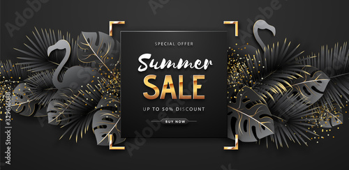 Summer sale poster with black and gold tropic leaves and flamingo on dark background.
