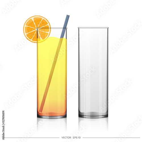 Realistic vector transparent glass. A glass of orange juice is isolated on a white background.