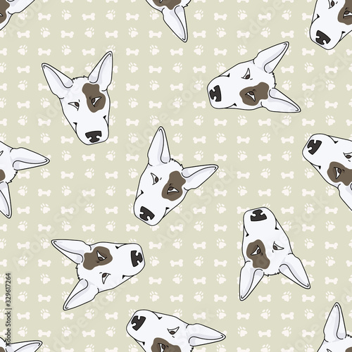 Hand drawn cute bull terrier dog breed face seamless vector pattern. Purebred pedigree show dog puppy domestic on background. Dog lover pooch pet all over print. Kennel hound. EPS 10. 