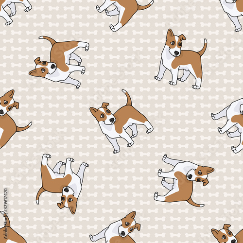 Hand drawn cute bull terrier puppy breed seamless vector pattern. Purebred pedigree show dog domestic on background. Dog lover pooch pet all over print. Kennel hound. EPS 10. 