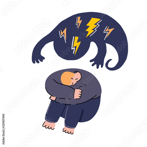 Cyber bullying, social network harassment concept. Vector illustration with sad man and laptop with insulting messages behind him. Humiliation, aggressive verbal assault. Cartoon style. 