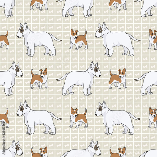 Hand drawn cute bull terrier puppy and dog breed seamless vector pattern. Purebred pedigree show dog domestic on background. Dog lover pooch pet all over print. Kennel hound. EPS 10. 