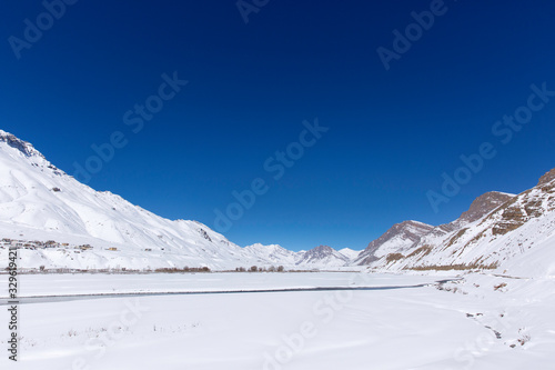 Beautiful snow covered Landscape along Sipti river in Himalayas.