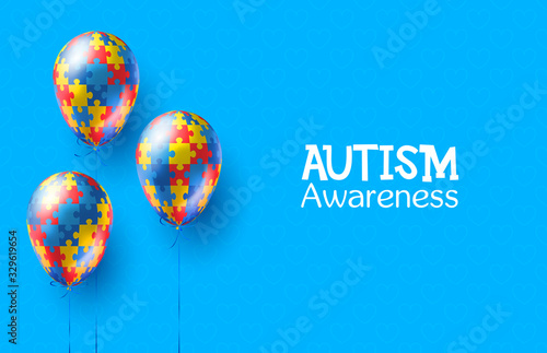 World autism awareness day. Colorful puzzles vector blue background with balloons. Symbol of autism. Medical illustration. Health care. Balloons with puzzles
