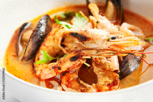 Tom Yum with seafood in bowl