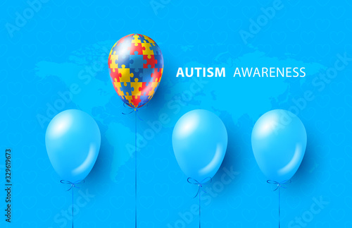 World autism awareness day. Blue, colorful puzzles, balloon, vector background. Symbol of autism. Medical flat illustration. Health care