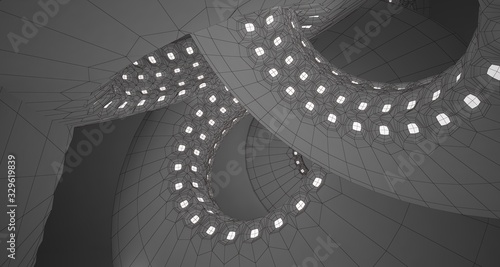 Fototapeta Naklejka Na Ścianę i Meble -  Abstract drawing architectural background. White interior with discs and neon lighting. 3D illustration and rendering.