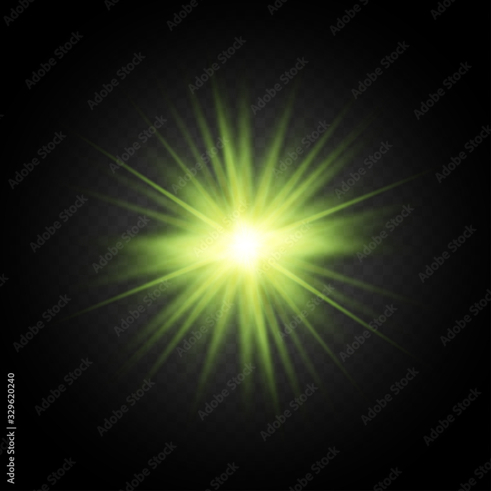 Light flare on black background. Holiday glowing backdrop. Lens flare, glow light effect. Night glow effect. Disco design. Christmas decoration. Bright glowing star. Vector illustration.