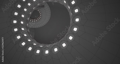 Abstract drawing architectural background. White interior with discs and neon lighting. 3D illustration and rendering.