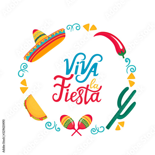 Viva la Fiesta hand drawn lettering. Frame with sombrero, maracas, cactus, tacos and chili pepper