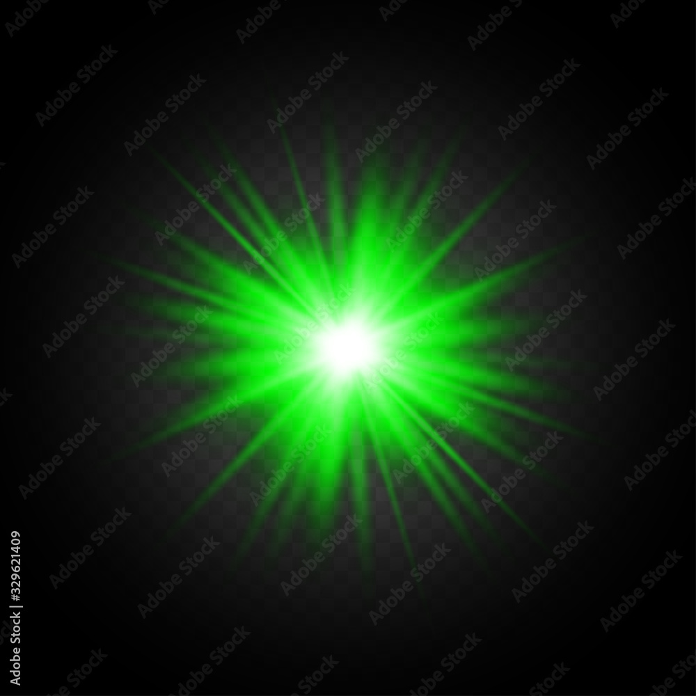 Light flare on black background. Holiday glowing backdrop. Lens flare, glow light effect. Night glow effect. Disco design. Christmas decoration. Bright glowing star. Vector illustration.