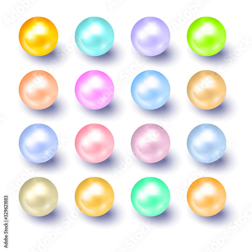 Pearls. Set is three-dimensional geometric shape isolated on white background. 3d objects round ball. Vector illustration. Round sphere, geometric objects, pearl made of metal and plastic