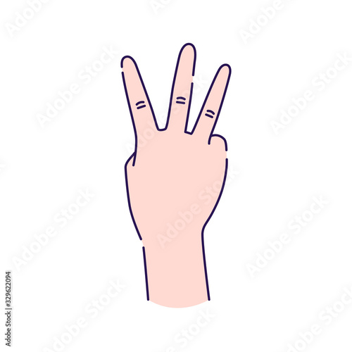 Three fingers gesture line color icon. Make fingers up gesture sketch element. Pictogram for web page, mobile app, promo. Editable stroke. Hand drawn illustration