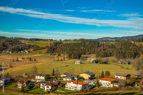 top view landscape photography European highland village country side outskirts scenic space spring time houses in valley and horizon background