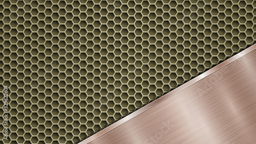 Background of golden perforated metallic surface with holes and angled bronze polished plate with a metal texture, glares and shiny edges