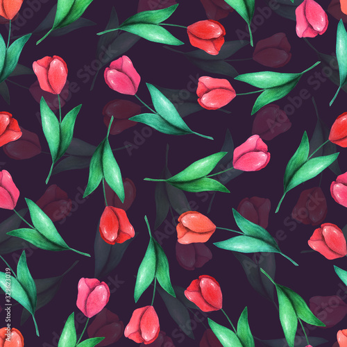 Decorative hand drawn watercolor seamless pattern of flowers  leaves and branches. Red tulips. Floral illustration for greeting card  invitation  wallpaper  wrapping paper  fabric  textile  packaging