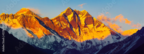Himalayas at sunset: Nuptse peaks, Everest, Lhotse (Solukhumbu District, Sagarmatha National Park, Nepal) photo