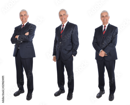 Three views of a mature businessman in full length in different poses, arms folded, hands in pocklet, isolated on white.