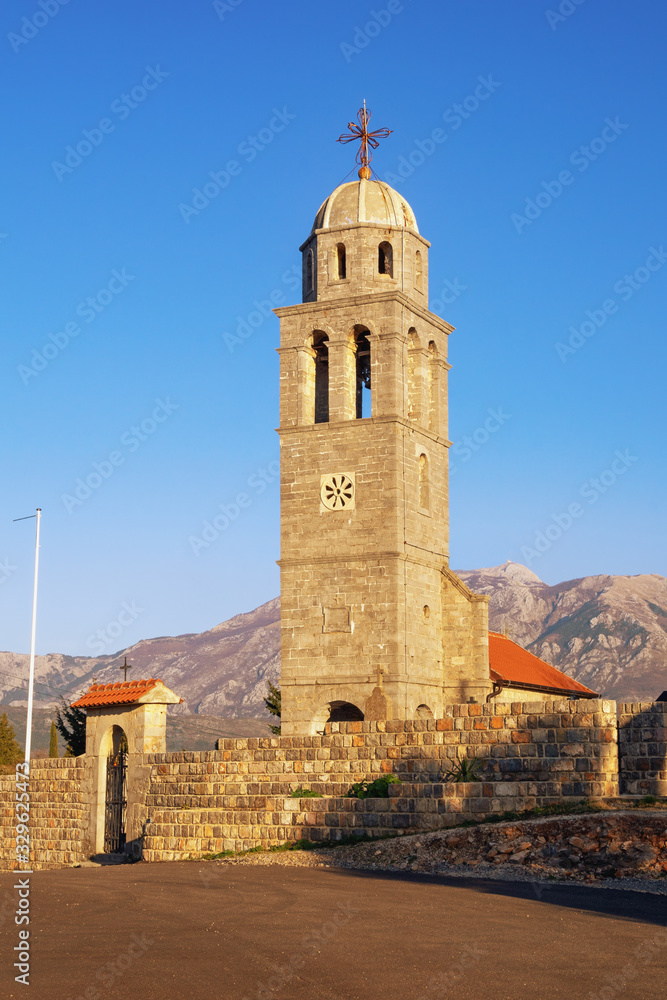 Religious architecture. Village church with churchyard. Montenegro, Tivat. Ancient Church of Saint Jovan, Lustica peninsula, Bogisici village