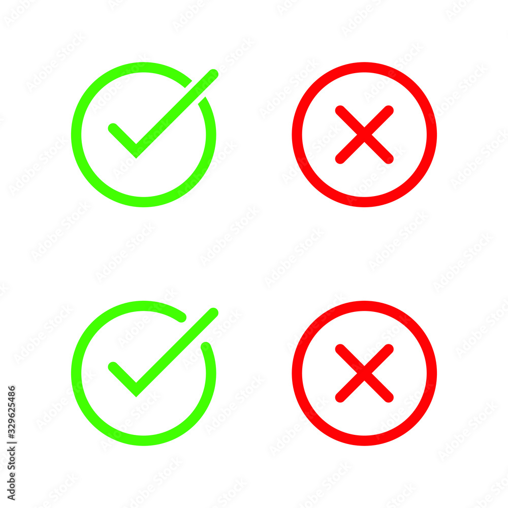 Tick and cross signs. Green checkmark and red X icons, isolated on white background. Tick and cross signs. Green checkmark and red X icons, isolated on white background.