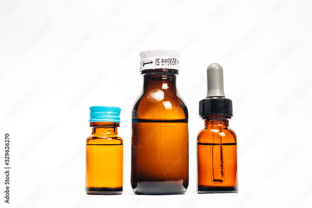 Various medical bottle, brown glass pharmacy bottle. Blank Medical bottle. Unlabeled bottle. isolated in white background