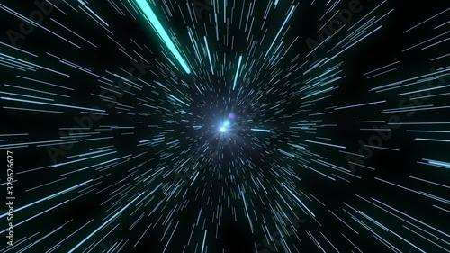 Hyperspace jump through the stars to a distant space. Abstract light speed interstellar travel concept. High detail space warp journey through a wormhole.