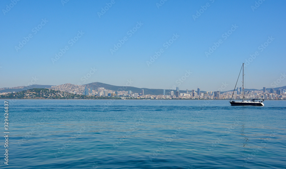 The shore of Asian Istanbul seen from Buyukada, one of the Princes' Islands, also called Adalar, in the Sea of Marmara off the coast of Istanbul