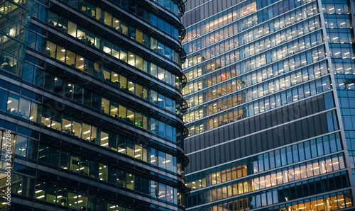 Closeup view of modern architecture buildings in Canary Wharf business district.