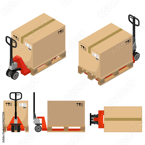 Hand pallet truck with a cardboard box. Top view, front and side view, isometric design. 3D Render. Vector illustration.