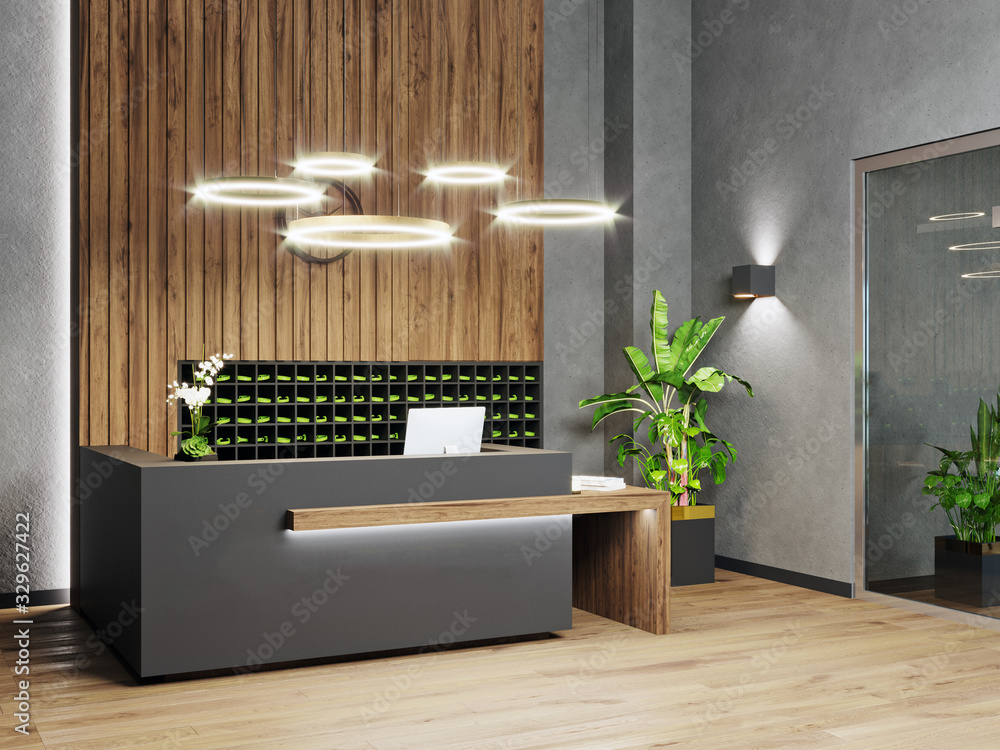 Modern hall interior with reception desk in fitness center with wood