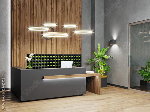Billede på lærred Modern hall interior with reception desk in fitness center with wood panel and panoramic windows, wooden floor, fitness center front desk, 3d rendering