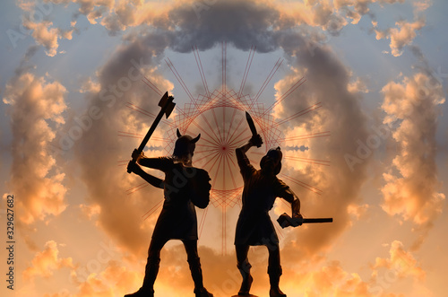 Two silhouettes of armed Old Norse Gods who are fighting in guise of Vikings against sunset sky with circle of clouds and red decorative pattern, creative illustration