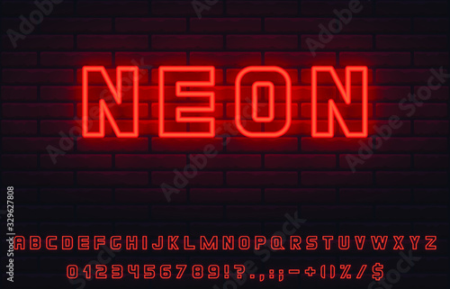 realistic attractive bright bold red color editable neon font set. collection of letters numerals signs icons symbols
